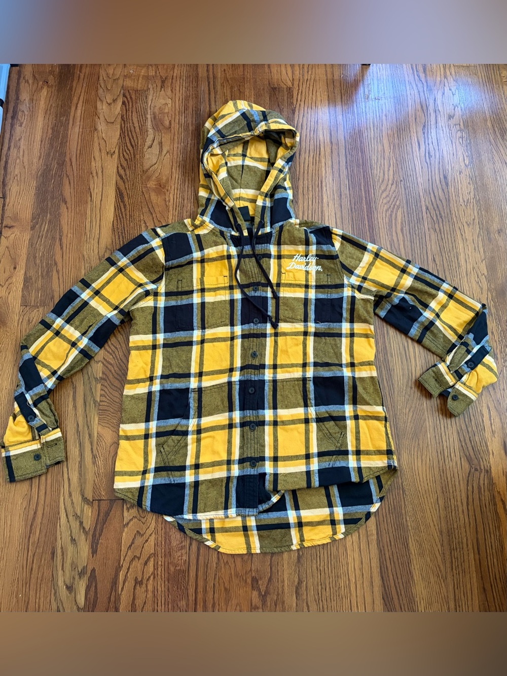 Harley-Davidson Yellow and Black Plaid Hooded Shirt *11